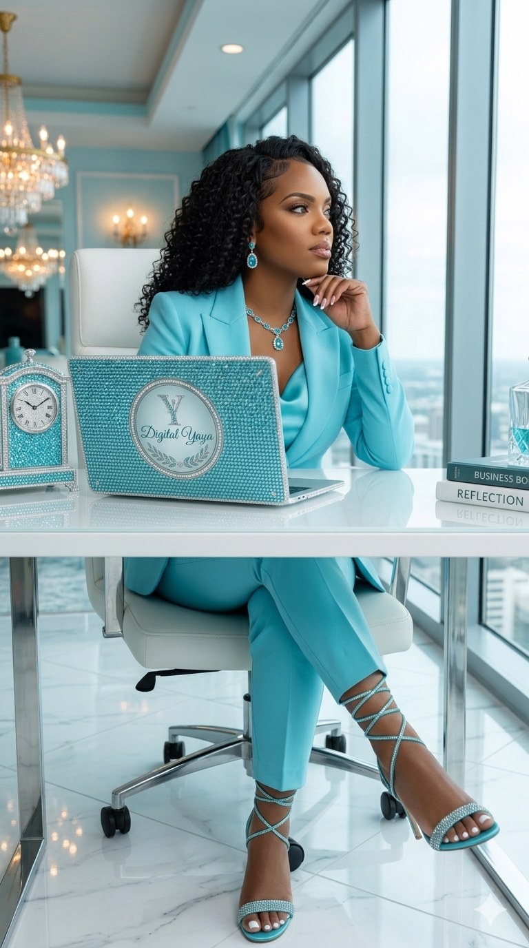 Ms. Tee of Digital Yaya's Web Designs reflecting at her glass desk with a bedazzled laptop